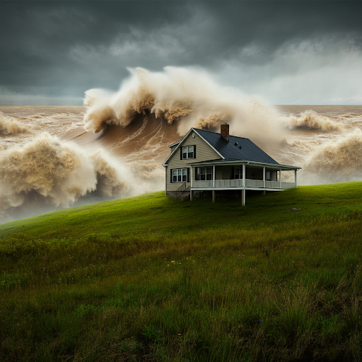 A picture of a house next to a large body of raging water.
